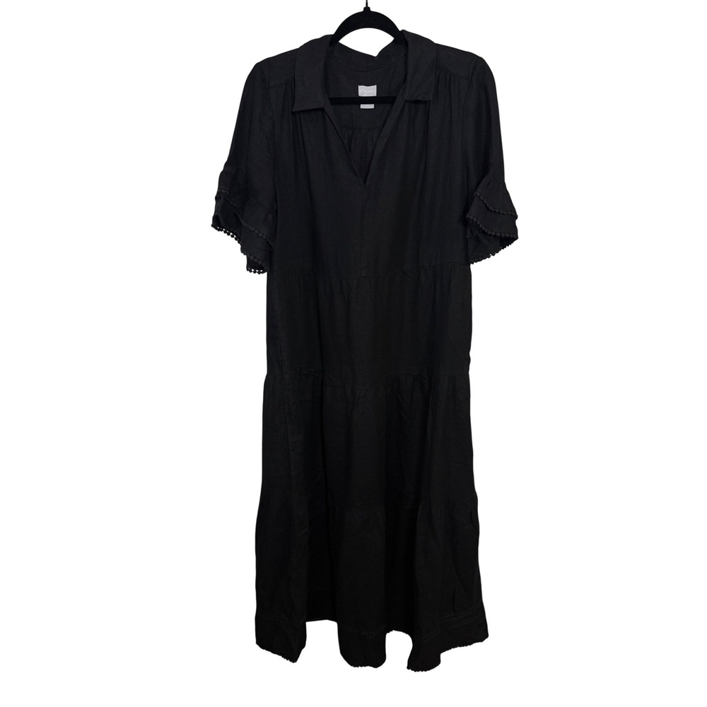 Chicos Black 100% Linen Tiered Maxi Dress Sz 1 US 8/10 Crochet Trim Short Sleeve - Picture 2 of 7